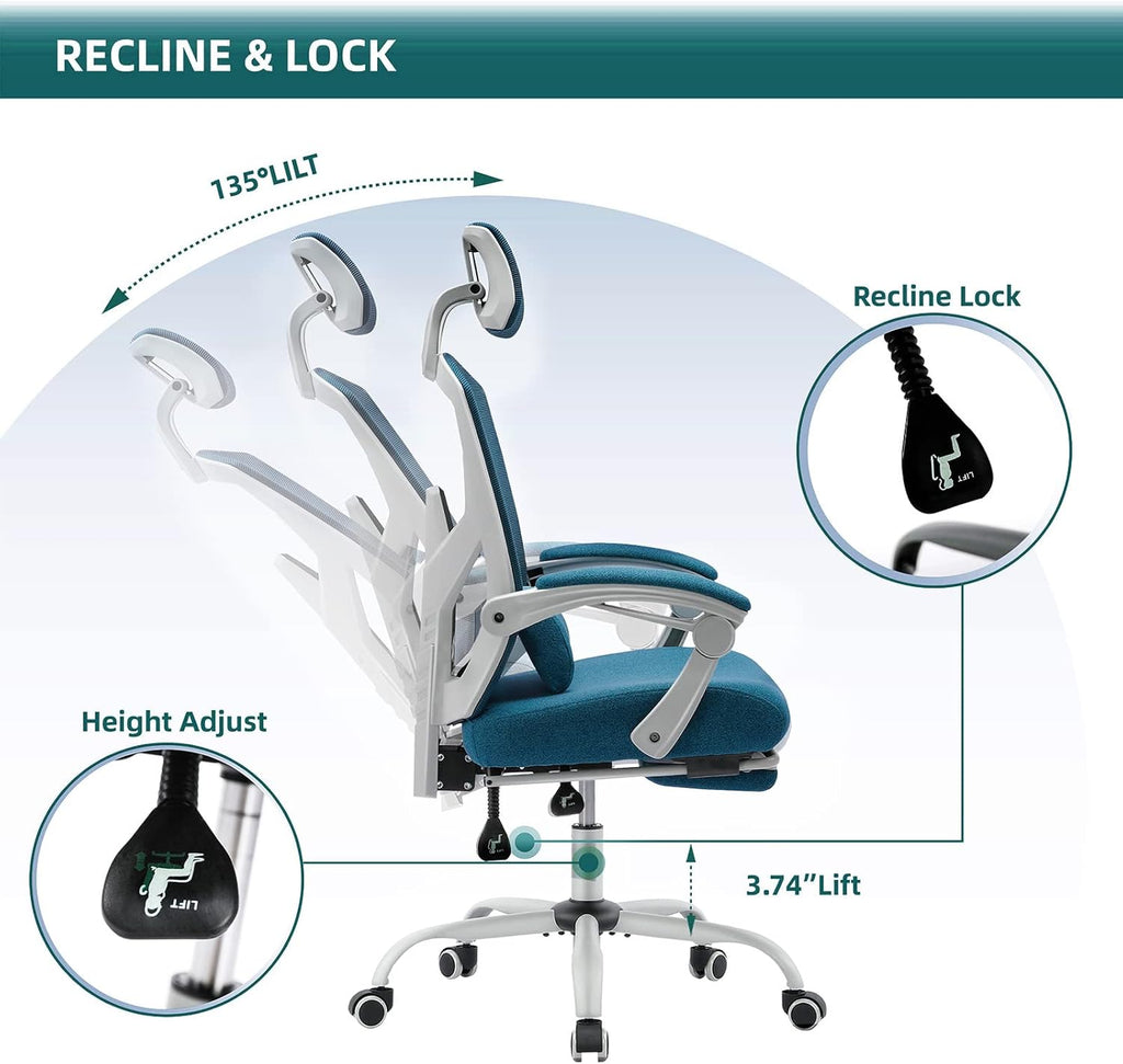 Home Office Desk Chair with Footrest, High-Back Mesh Rolling Swivel Reclining Chairs with Wheels, Comfortable Headrest, Lumbar Support, Comfy Arms for Home, Office, Gaming, Student, Elegant Blue