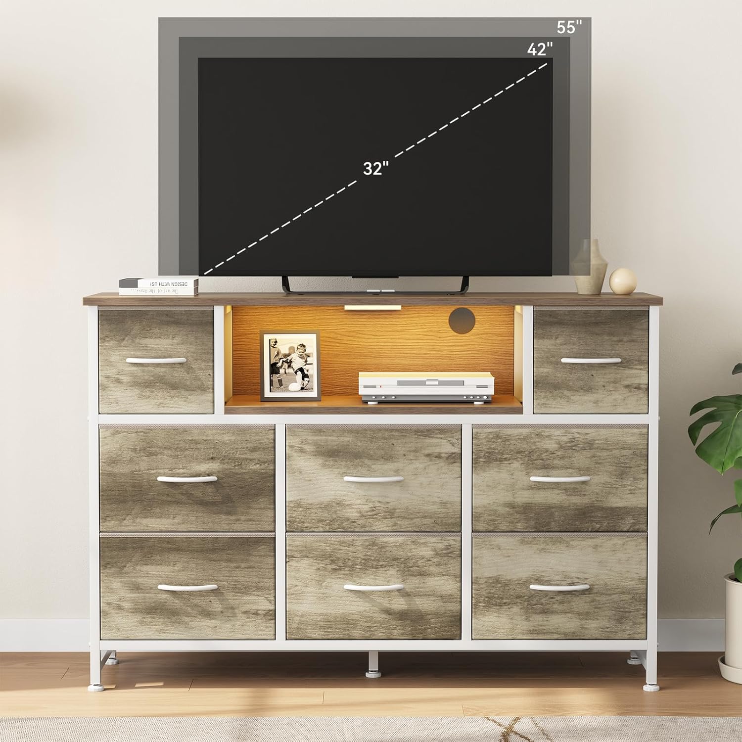 TV Stand Dresser with 8 Fabric Drawers and Open Shelves, LED Entertainment Center with Charging Station, Wood Top Media Console for 45-55 inch, Bedroom, Greige Oak