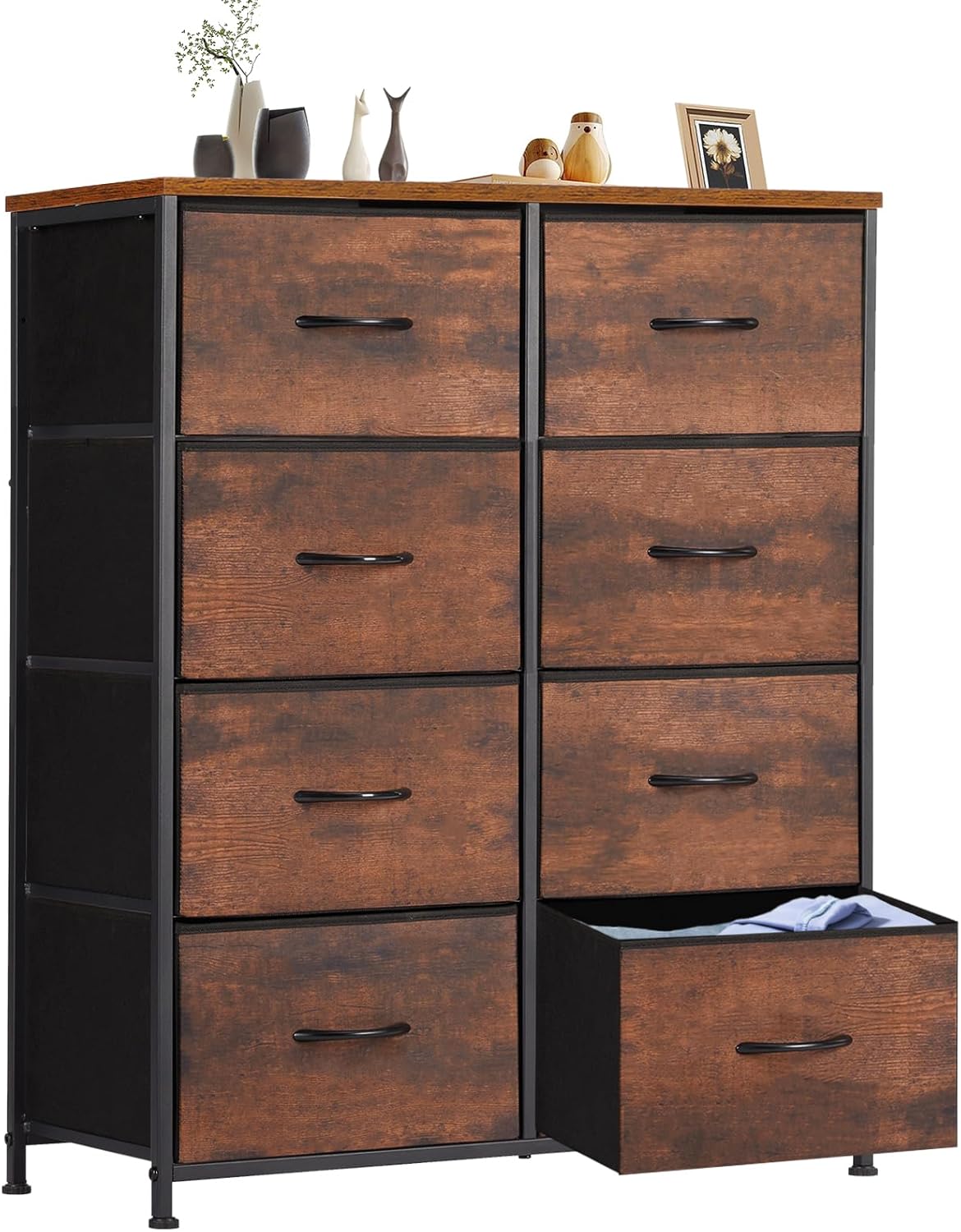 Dresser for Bedroom with 9 Storage Drawers, Large Fabric Storage Tower Organizer, Chest of Drawers with Metal Frame Wooden Top for Closet, Living Room, Entryway, Brown