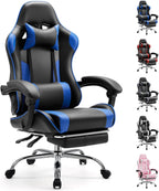 Computer Video Game Desk Chair - Ergonomic Comfy Lumbar Support with Footrest, PU Leather Recliner with Headrest, Fixed Up Armrest, Height Adjustable and 360?? Swivel, for Adults, Blue