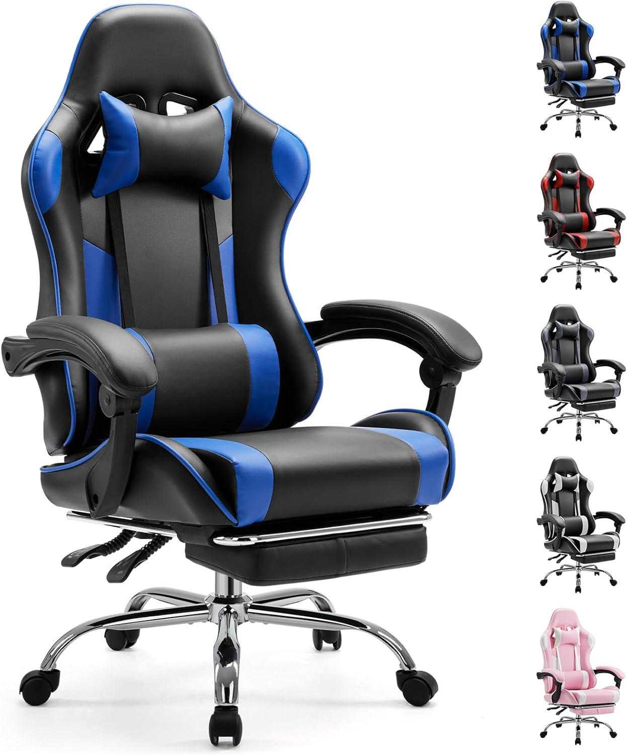 Computer Video Game Desk Chair - Ergonomic Comfy Lumbar Support with Footrest, PU Leather Recliner with Headrest, Fixed Up Armrest, Height Adjustable and 360?? Swivel, for Adults, Blue