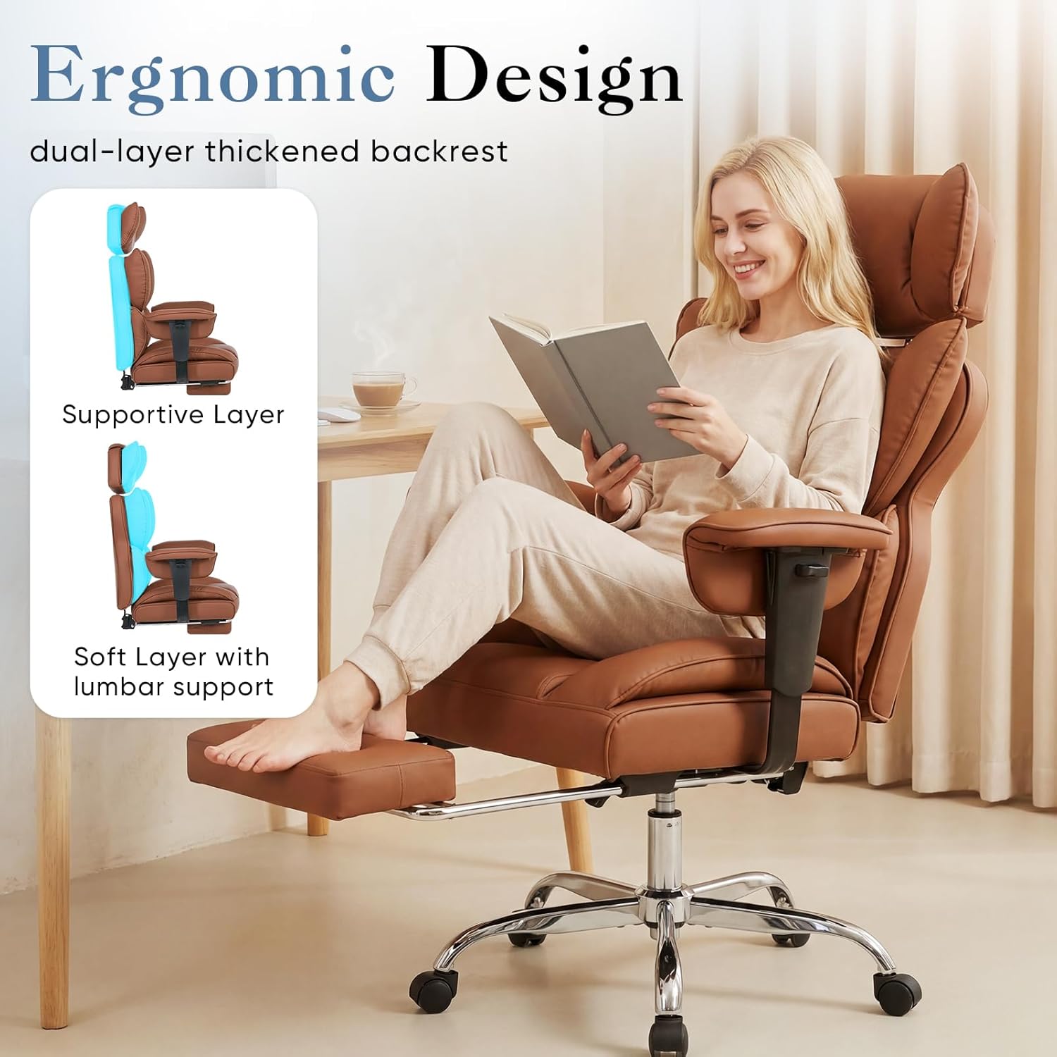 Big and Tall Home Office Desk Chair, Gaming Computer Chair, Executive Ergonomic Chair with Footrest, High Back Reclining, Adjustable Armrests and Comfy Lumbar Support, PU Leather, Brown
