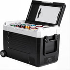 Portable Car Refrigerator, 53QT Dual-Zone Electric Cooler for Vehicles with Wheels & Cutting Board, -4?H-68?H Freezer Smart Control via Bluetooth, Battery Protection, 12/24V DC & 100-240V AC