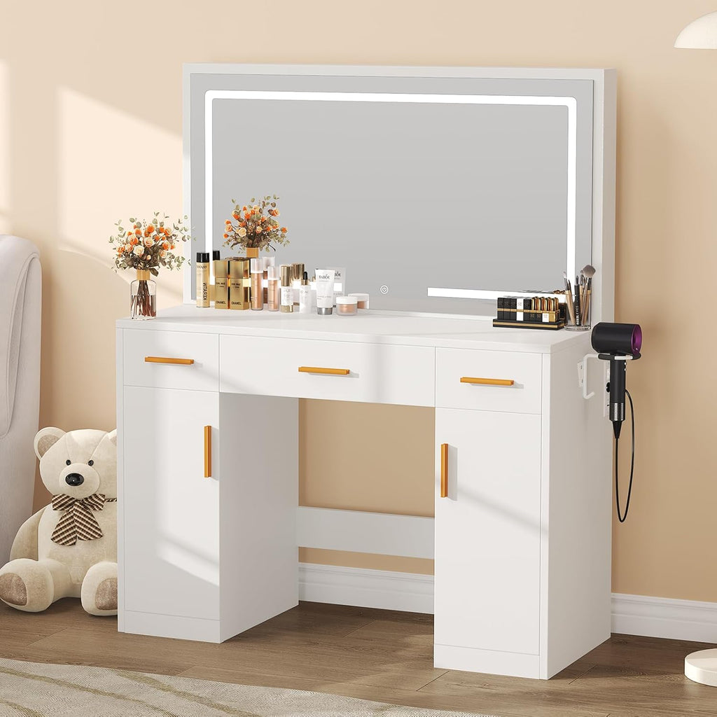 Makeup Vanity Desk, Vanity Table Set with Mirror and Lights, Small Vanity with Storage Bench, Charging Station and Hair Dryer Holder, Dressing Table with Drawer and Three Shelves, White