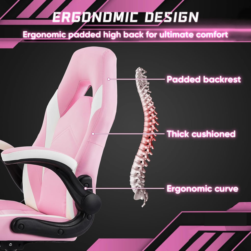 Ergonomic Computer Gaming Chair - Home Office Desk with PU Leather Lumbar Support, Height Adjustable Big and Tall Video Game with Flip-up Armrest, Swivel Wheels for Adults, White and Pink