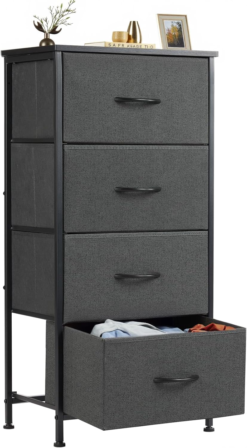 4 Fabric Drawer Small Dresser, Bedside Nightstand with Wooden Top Sturdy Frame, Entryway Closet Bedroom Storage Cabinet Furniture for Dorm,White