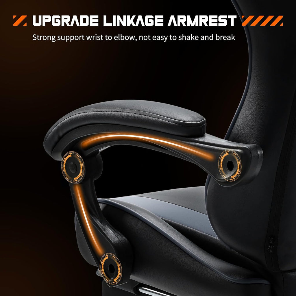 Computer Video Game Desk Chair - Ergonomic Comfy Lumbar Support with Footrest, PU Leather Recliner with Headrest, Fixed Up Armrest, Height Adjustable and 360?? Swivel, for Adults, Grey