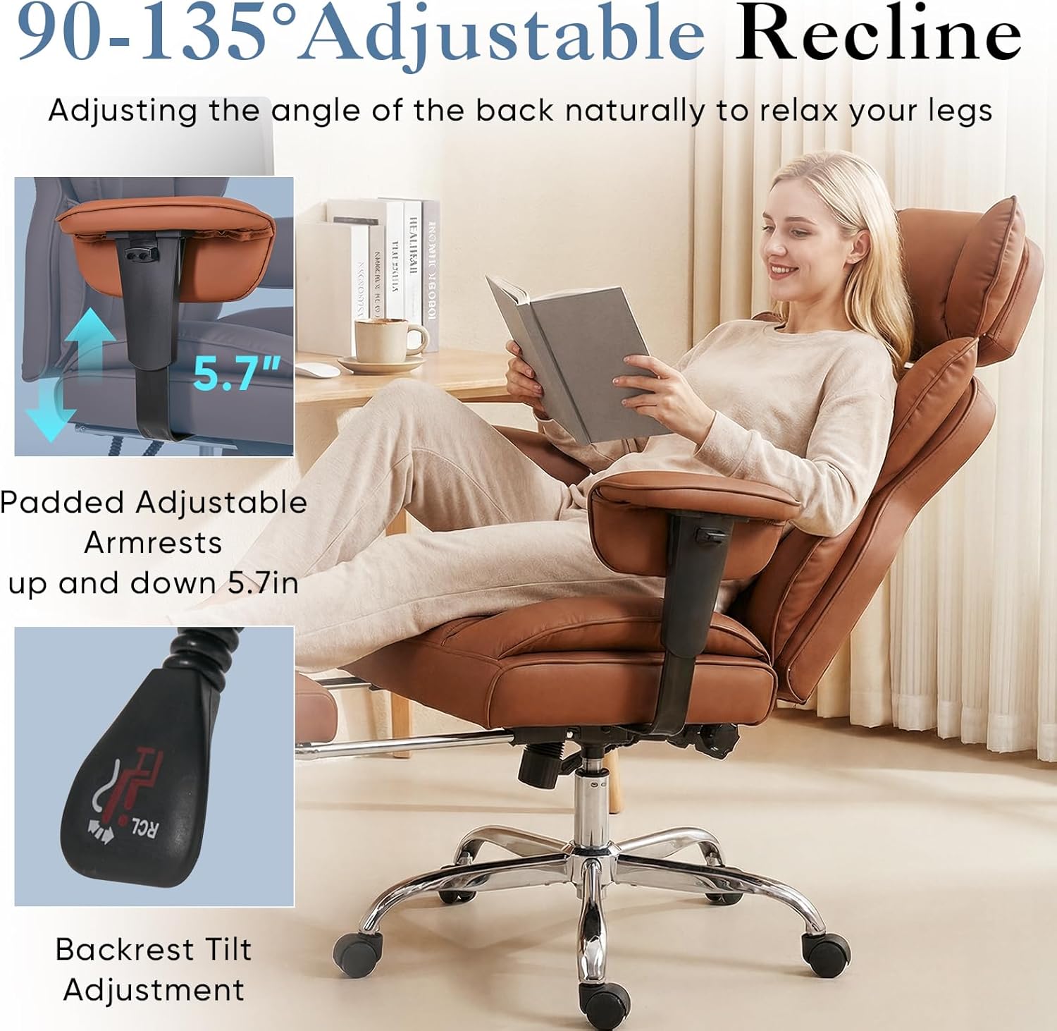 Big and Tall Home Office Desk Chair, Gaming Computer Chair, Executive Ergonomic Chair with Footrest, High Back Reclining, Adjustable Armrests and Comfy Lumbar Support, PU Leather, Brown