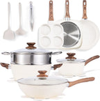 17 Pcs Pots and Pans Set, Nonstick Kitchen Cookware Set, Induction Cooking Sets with Stay-Cool Handles, Beige