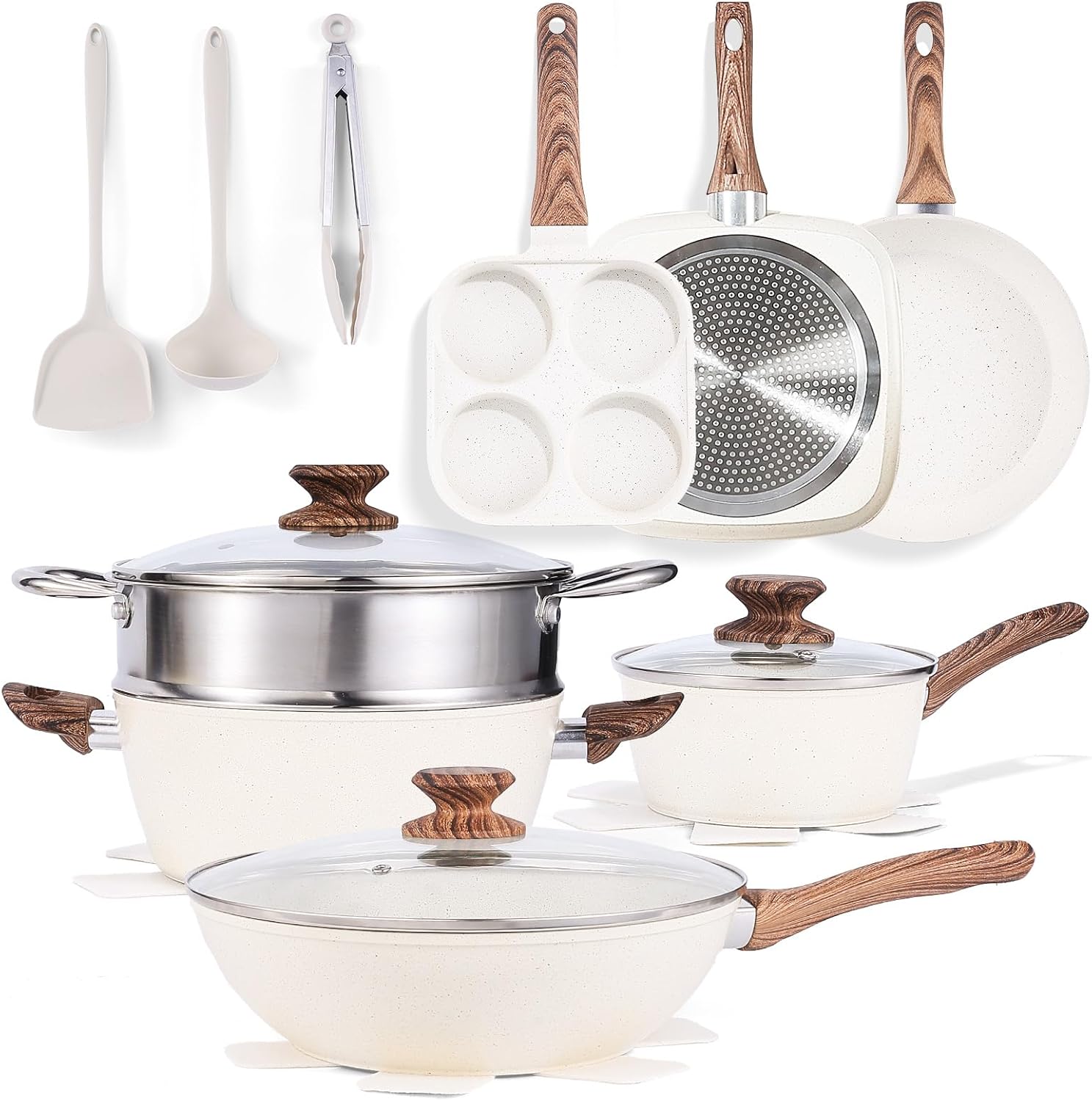 17 Pcs Pots and Pans Set, Nonstick Kitchen Cookware Set, Induction Cooking Sets with Stay-Cool Handles, Beige