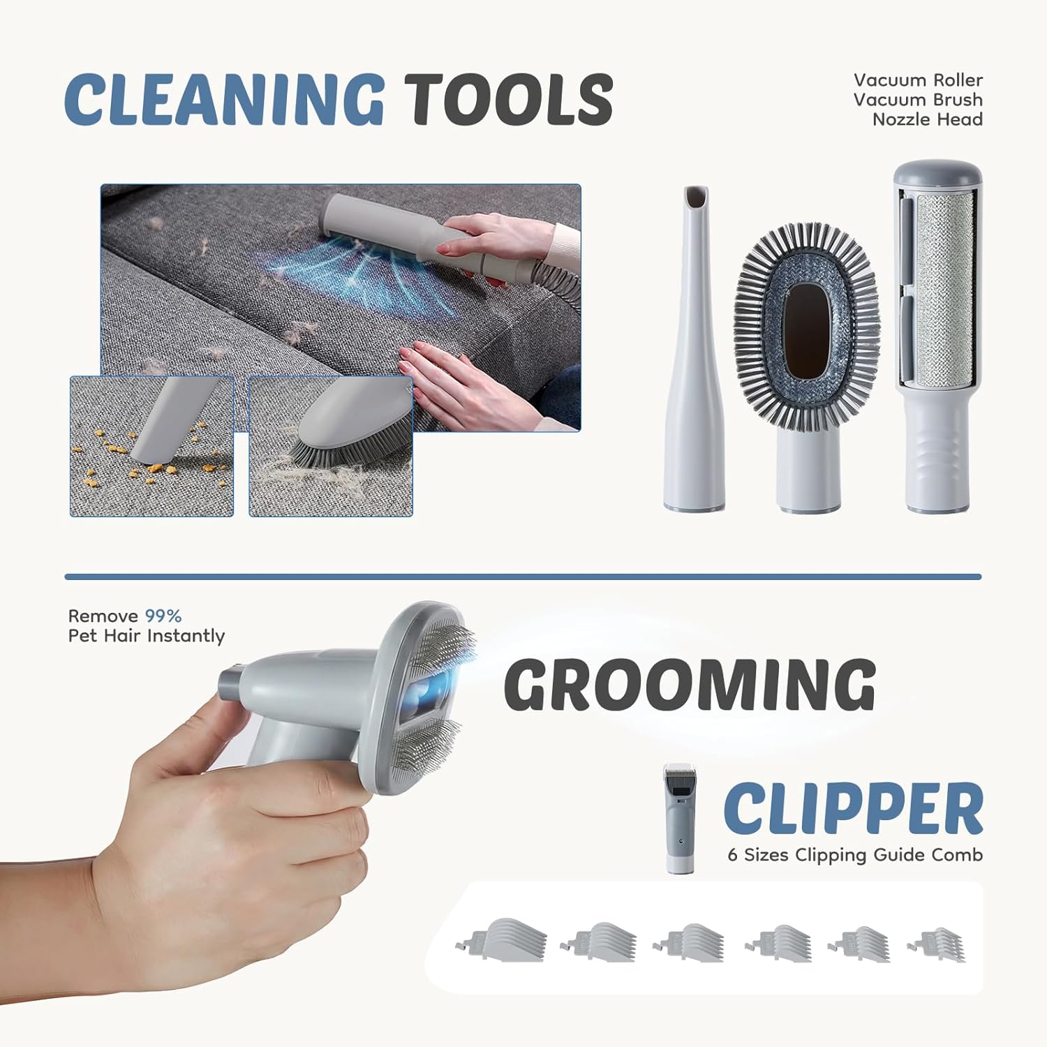 2.5L Pet Grooming Vacuum Kit, 3 Adjustable Suction Modes, 5 Professional Grooming Tools with Cordless Low Noise Dog & Cat Hair Clippers, Classic Gray