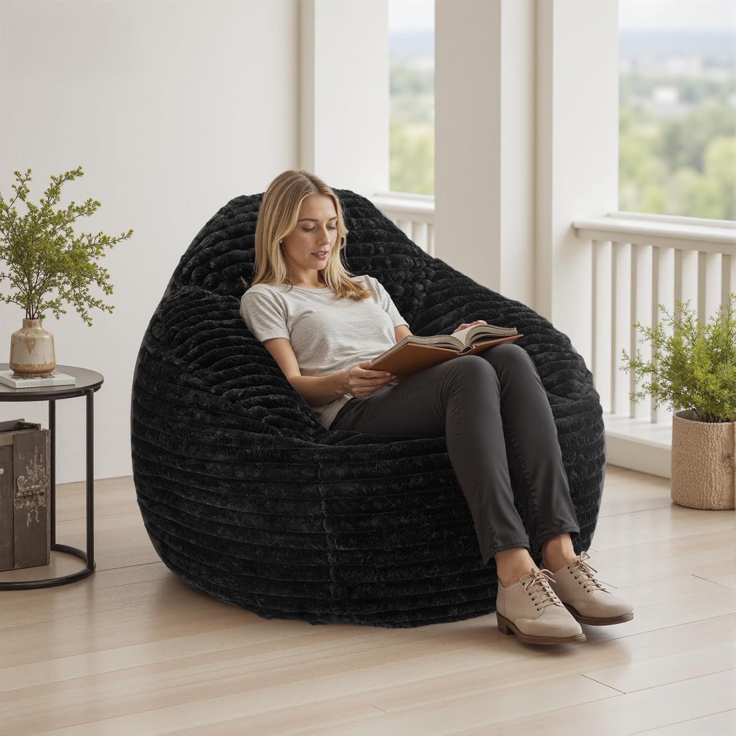 Bean Bag Chair, 39 Inch Bean Bags for Adults and Kids, Chair with Memory Foam Filled, Bean Bag Couch with Backrest and Armrests, Comfy Sofa for Living Room, Bedroom and Dorm, Black