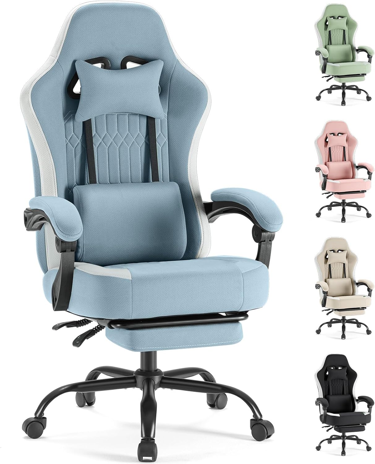Computer Gaming Chair - Ergonomic Desk Chair with Footrest and Lumbar Support, High Back Height Adjustable Task Chair with Linkage Armrests and Headrest, 360?? Swivel Wheels, Black