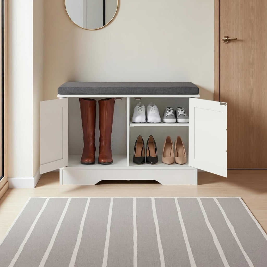 Shoe Storage Bench, 28 Wide Shoe Organizer Cabinet with Padded Seat Cushion, 2 Doors, Adjustable Shelf for Entryway, Hallway, Bedroom, Living Room (28 Inch)