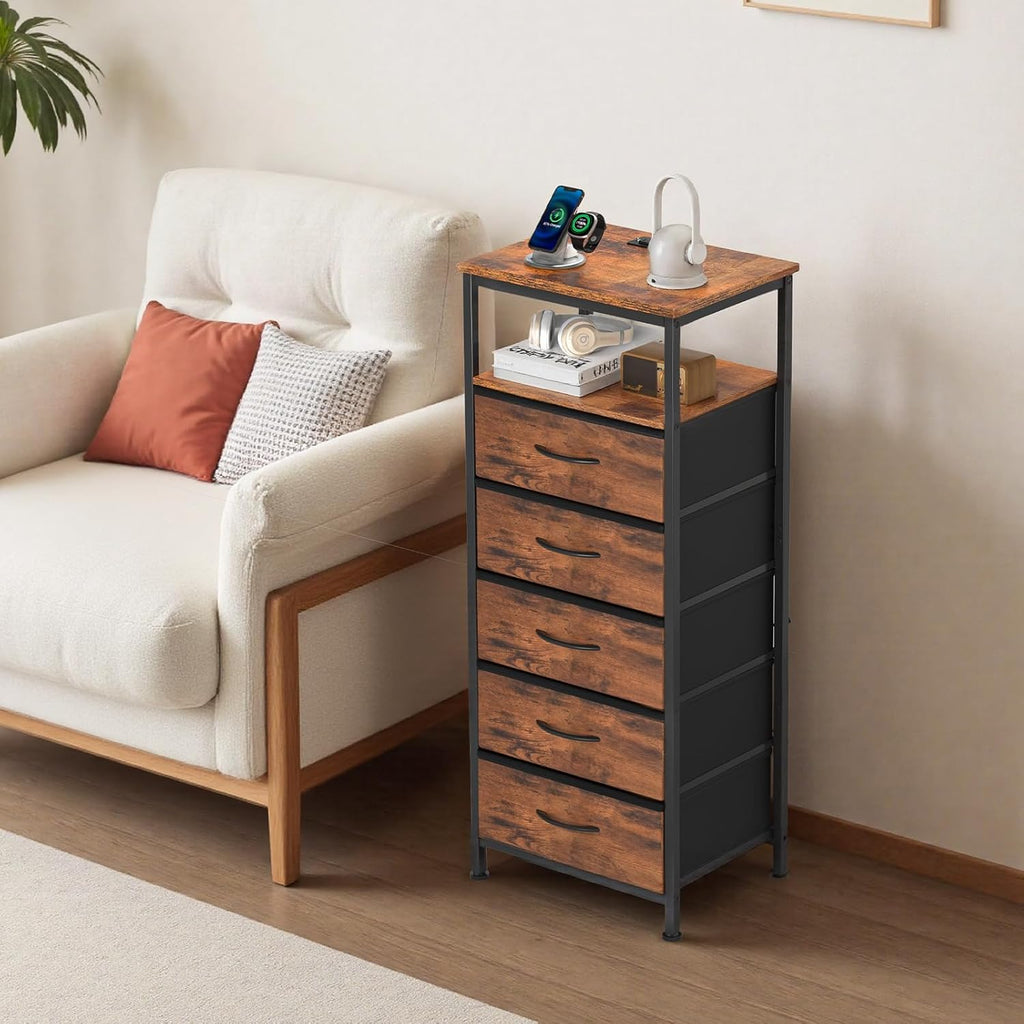 Nightstands Set of 2 with Charging Station, Bedside Table with USB Ports & Type-C, 2 Fabric Drawers Night Stand with Open Shelf, Compact End Table for Bedroom, Rustic Brown