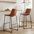 26 Inch Counter Height Bar Stools Set of 2, Modern Faux Leather High Barstools with Back and Metal Leg, Bar Chairs for Kitchen Island, Elegant Brown