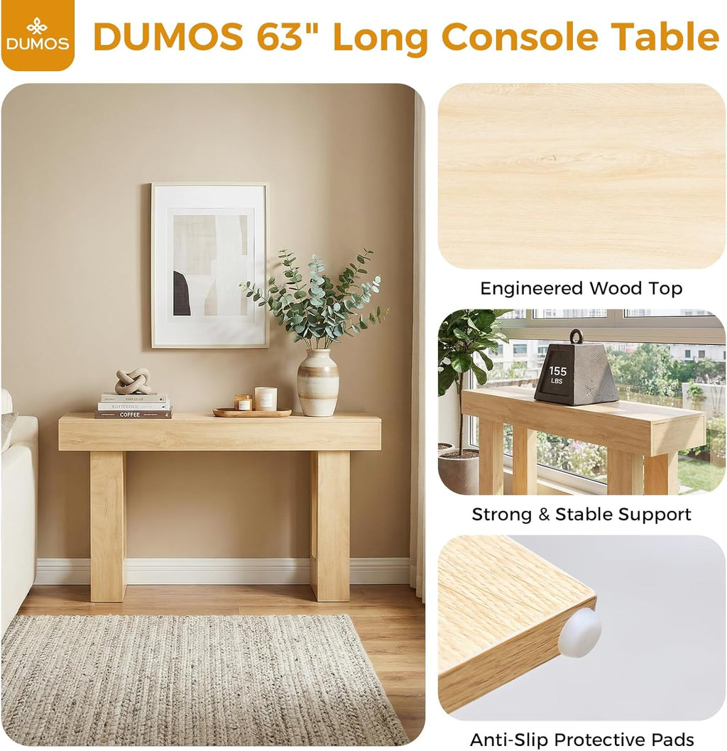 63-Inch Narrow Console Table, Sturdy Wooden Entryway Table with 5.9 Thick Top, Heavy Duty 155lbs Capacity, Space-Saving Sofa Table for Living Room, Hallway, Entrance, Foyer, Natural Wood