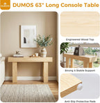 63-Inch Narrow Console Table, Sturdy Wooden Entryway Table with 5.9 Thick Top, Heavy Duty 155lbs Capacity, Space-Saving Sofa Table for Living Room, Hallway, Entrance, Foyer, Natural Wood