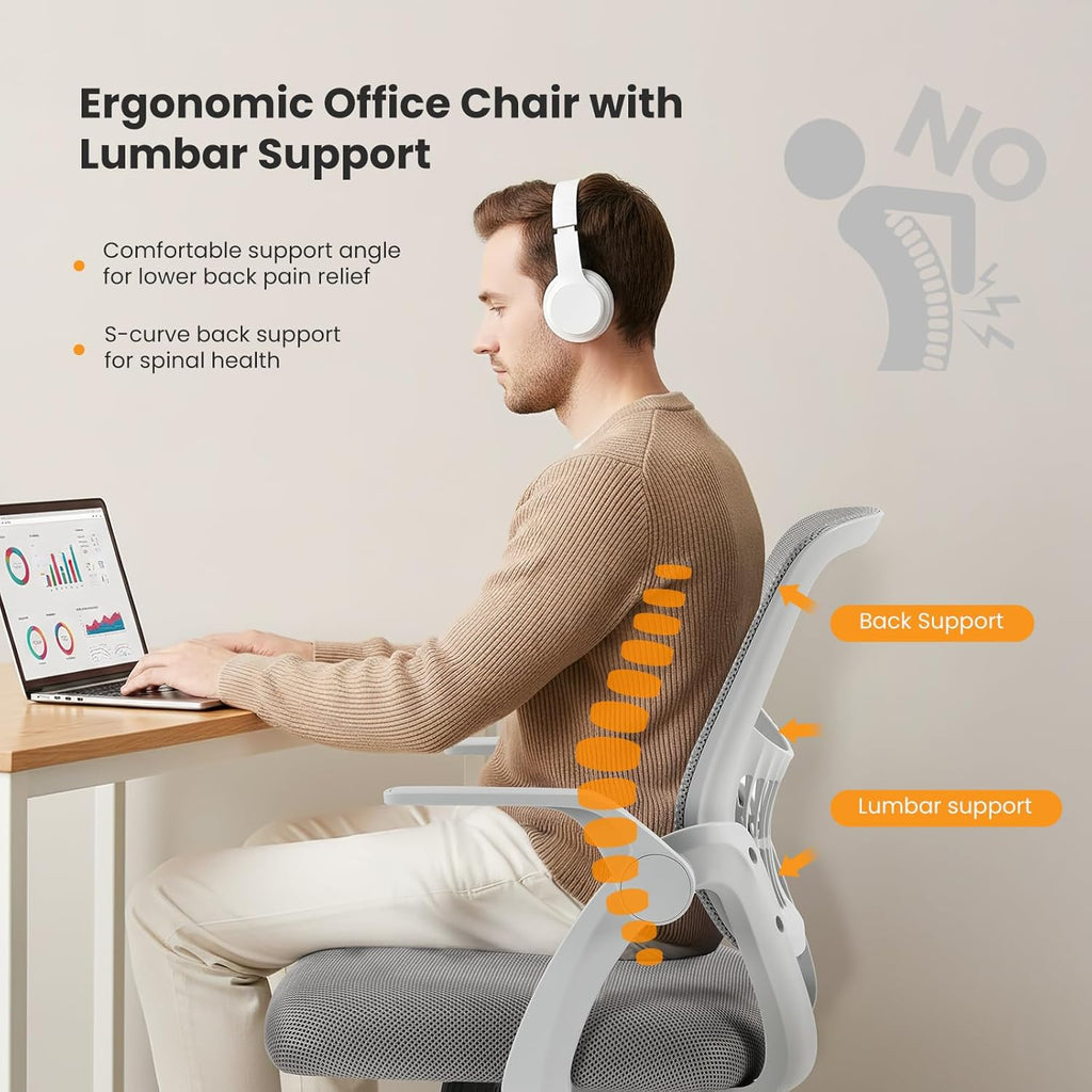 Home Office Managerial Executive Chair, Flip Up Armrest Ergonomic Mesh Adjustable Swivel Mid-Back Computer Desk Chair with Comfortable Lumbar Support, Comfy Arms for Bedroom,Study