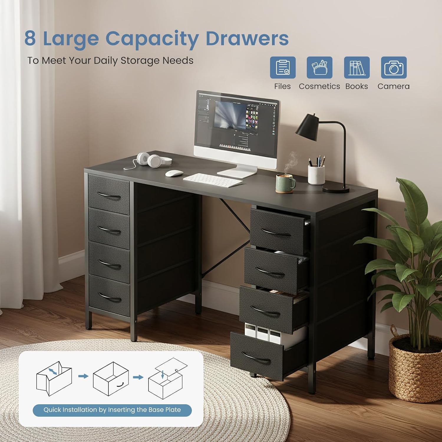 47 Inch Computer Desk with 8 Fabric Drawers, Office Gaming Desk with Storage, Writing Study Table with X-Shaped Reinforced Structure, Black