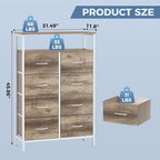 TV Stands for Living Room with 8 Drawers, Tall 8-Drawer Chest of Drawers with Raised Shelf, Storage Tower with Fabric Bins for Organization, Hallway Storage, Oak