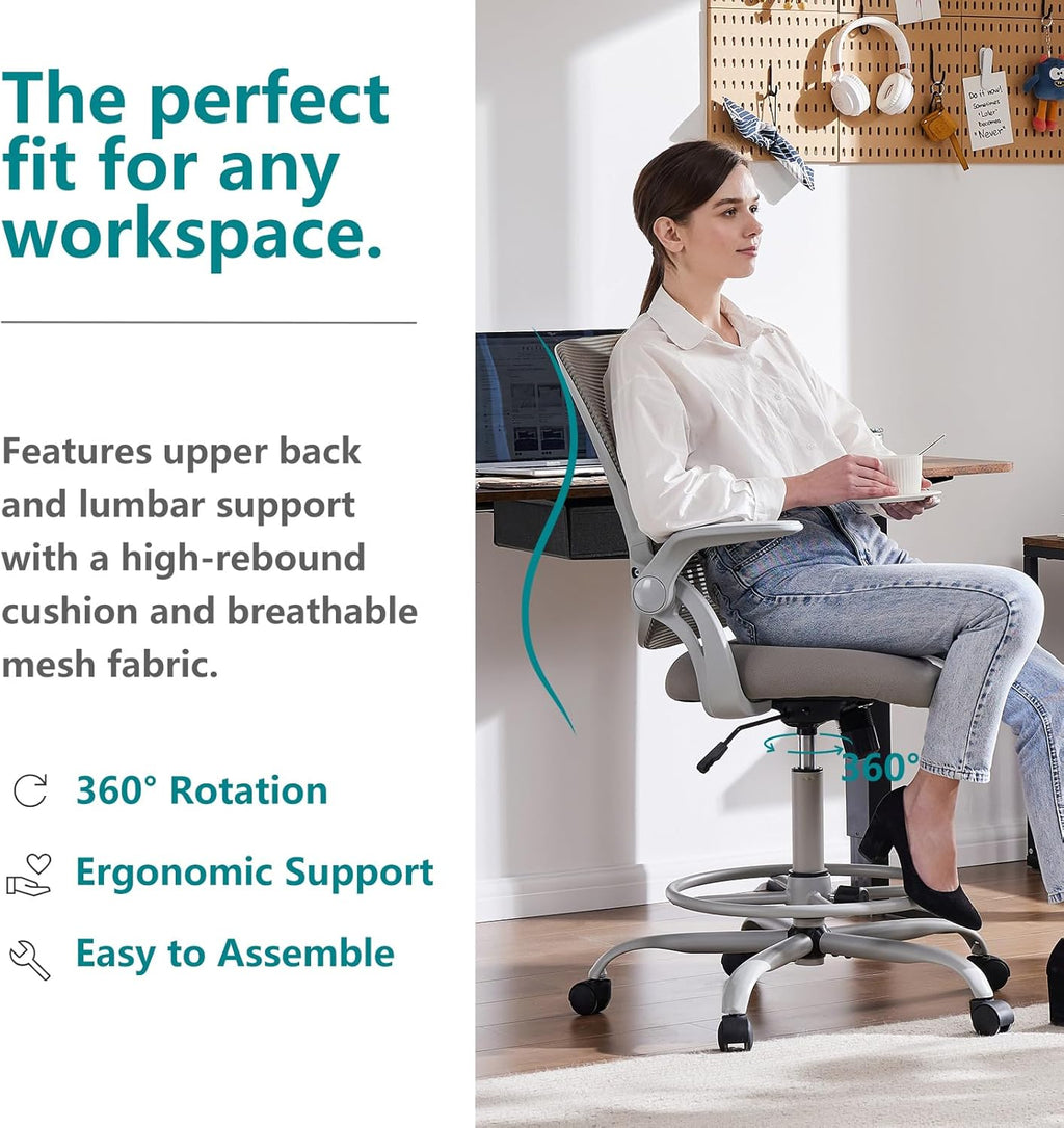 Drafting Chair for Standing Desk, Counter Height Adjustable, Flip-up Arms, Ergonomic Mid Back Mesh Rolling Work Swivel Office Computer Chairs with Wheels, Grey