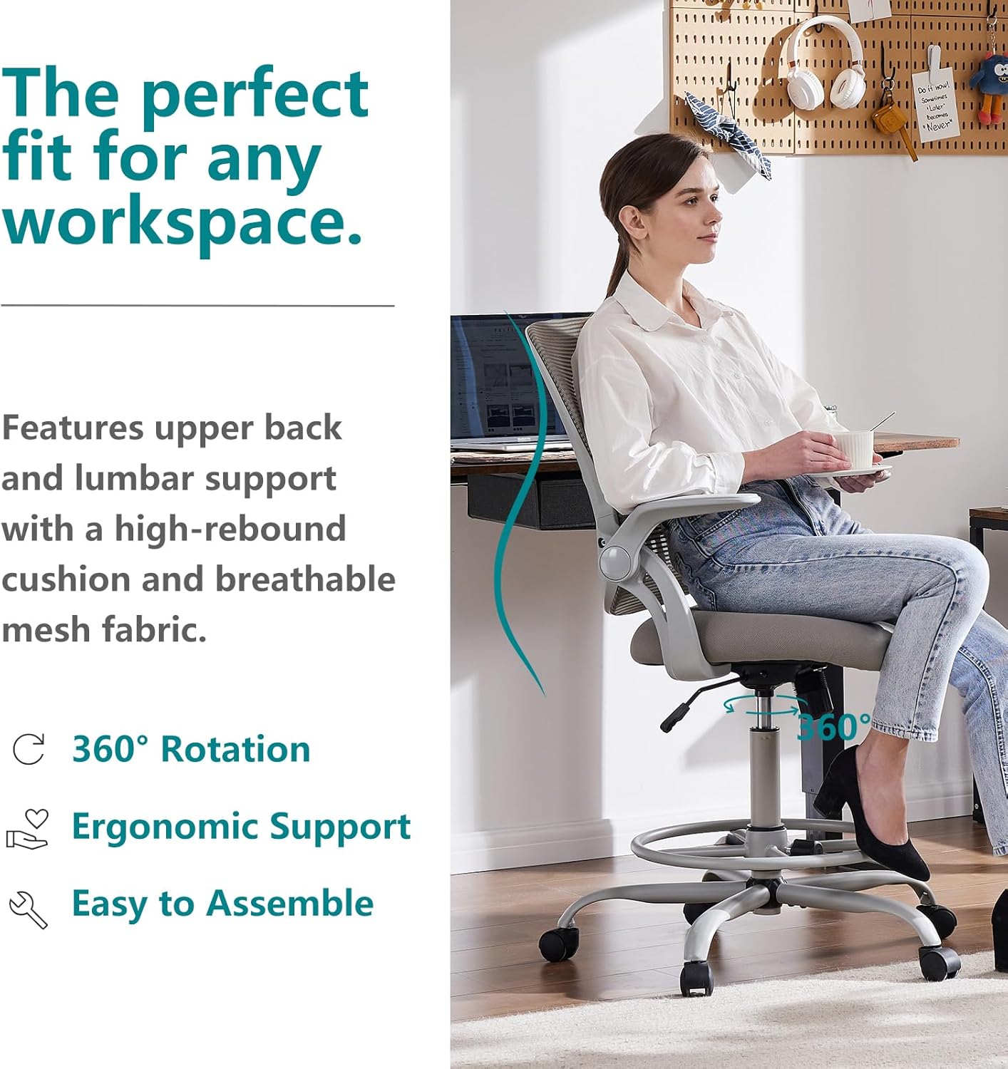 Drafting Chair for Standing Desk, Counter Height Adjustable, Flip-up Arms, Ergonomic Mid Back Mesh Rolling Work Swivel Office Computer Chairs with Wheels, Grey