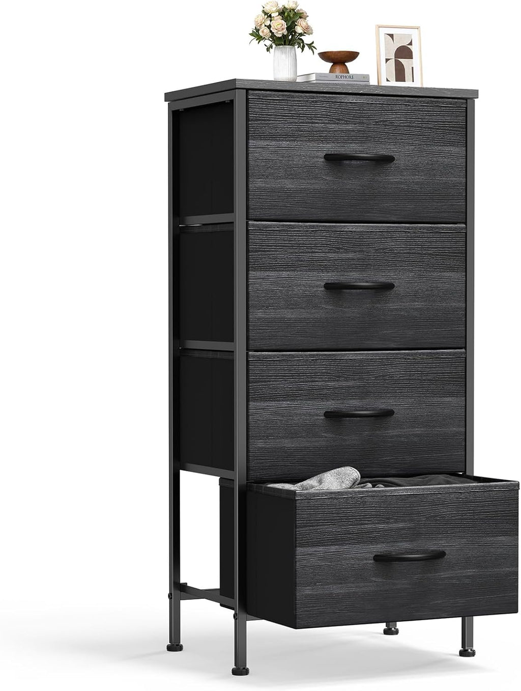 4 Fabric Drawer Small Dresser, Bedside Nightstand with Wooden Top Sturdy Frame, Entryway Closet Bedroom Storage Cabinet Furniture for Dorm,White