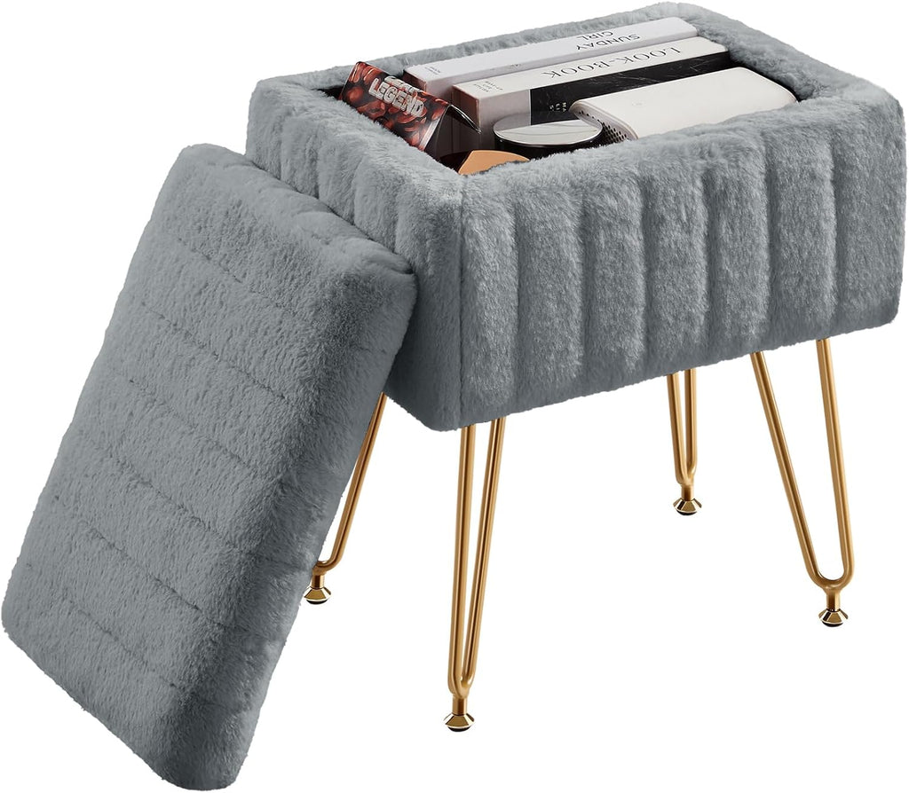 Vanity Stool Chair with Storage, 18.9??H x 16??L x 12.2??W Ottoman Chair Faux Fur Soft Padded Makeup Footstools Seat with 4 Metal Legs Anti-Slip Adjustable Feet for Make Up, Grey