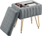 Vanity Stool Chair with Storage, 18.9??H x 16??L x 12.2??W Ottoman Chair Faux Fur Soft Padded Makeup Footstools Seat with 4 Metal Legs Anti-Slip Adjustable Feet for Make Up, Grey