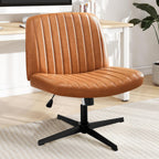 Criss Cross Chair No Wheels, Legged Office Desk Armless Chair Wide Seat, Adjustable Swivel Teddy Fabric Task Vanity Chairs for Home Bedroom, Beige