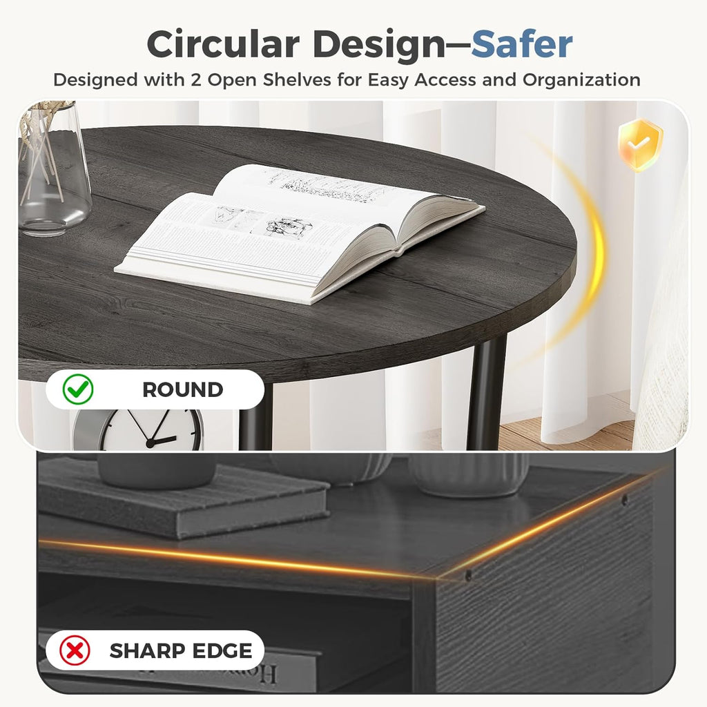 Side Round Table for Living Room, 2-Tier Accent End Table with Storage Shelf,Sturdy Metal Frame Nightstand for Small Space, Round Bedside, Grey Wood Grain