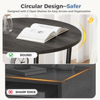Side Round Table for Living Room, 2-Tier Accent End Table with Storage Shelf,Sturdy Metal Frame Nightstand for Small Space, Round Bedside, Grey Wood Grain
