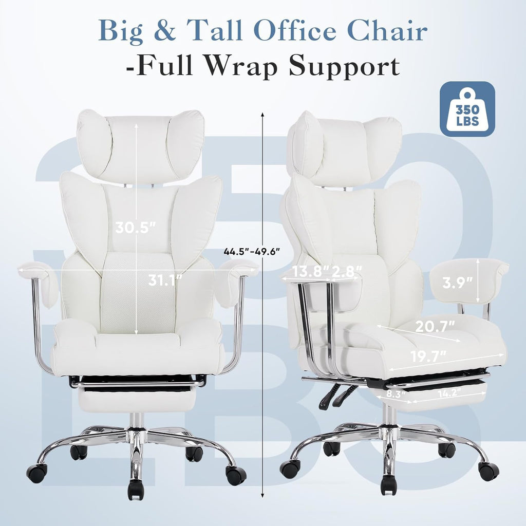 Big and Tall Office Chair 350 LBS, Scratch-Resistant PU Leather Executive Office Desk Chair with Footrest, Ergonomic Reclining Computer Chair with Pocket Spring Support for Home Office, White