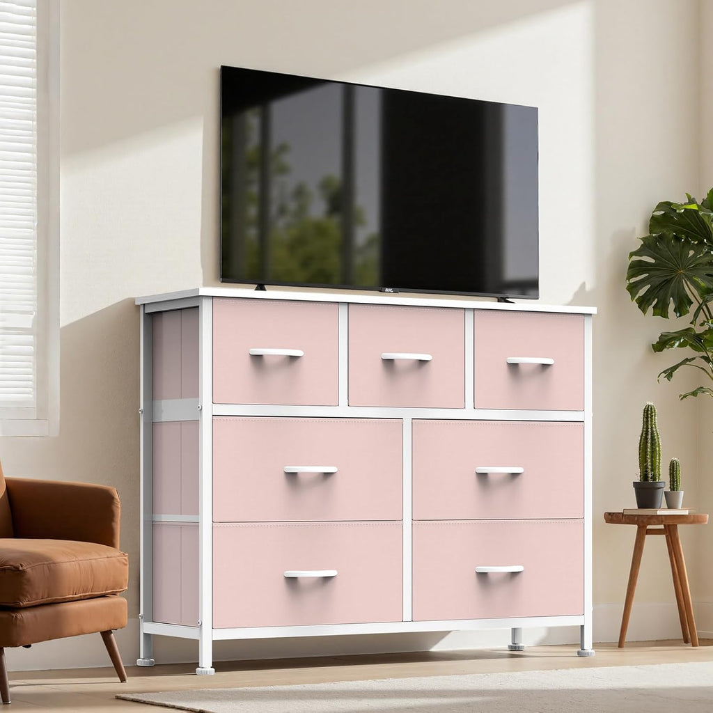 TV Stand Dresser with 7 Fabric Storage Drawers, Media Console Featuring Open Shelf for 45 inch TV, Compact Entertainment Unit for Bedroom, Living Space, or Dorm Organization, Pink