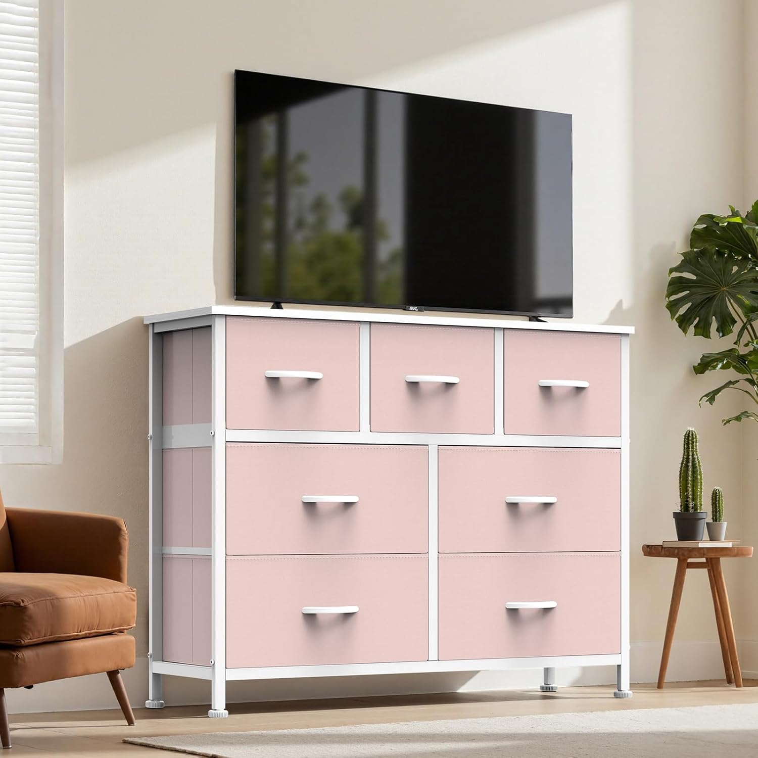 TV Stand Dresser with 7 Fabric Storage Drawers, Media Console Featuring Open Shelf for 45 inch TV, Compact Entertainment Unit for Bedroom, Living Space, or Dorm Organization, Pink
