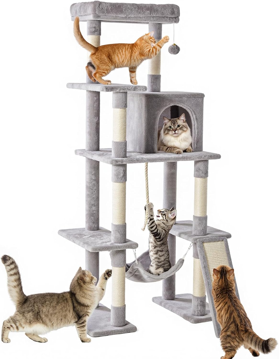 54-inch Indoor Cat Tree Tower ?CMulti-Level Pet House for Large Cats with 2 Condos, Scratching Posts, Round Platform, Small Ladder, and Toys, Beige