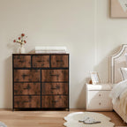 Dresser for Bedroom with 9 Storage Drawers, Large Fabric Storage Tower Organizer, Chest of Drawers with Metal Frame Wooden Top for Closet, Living Room, Entryway, Brown