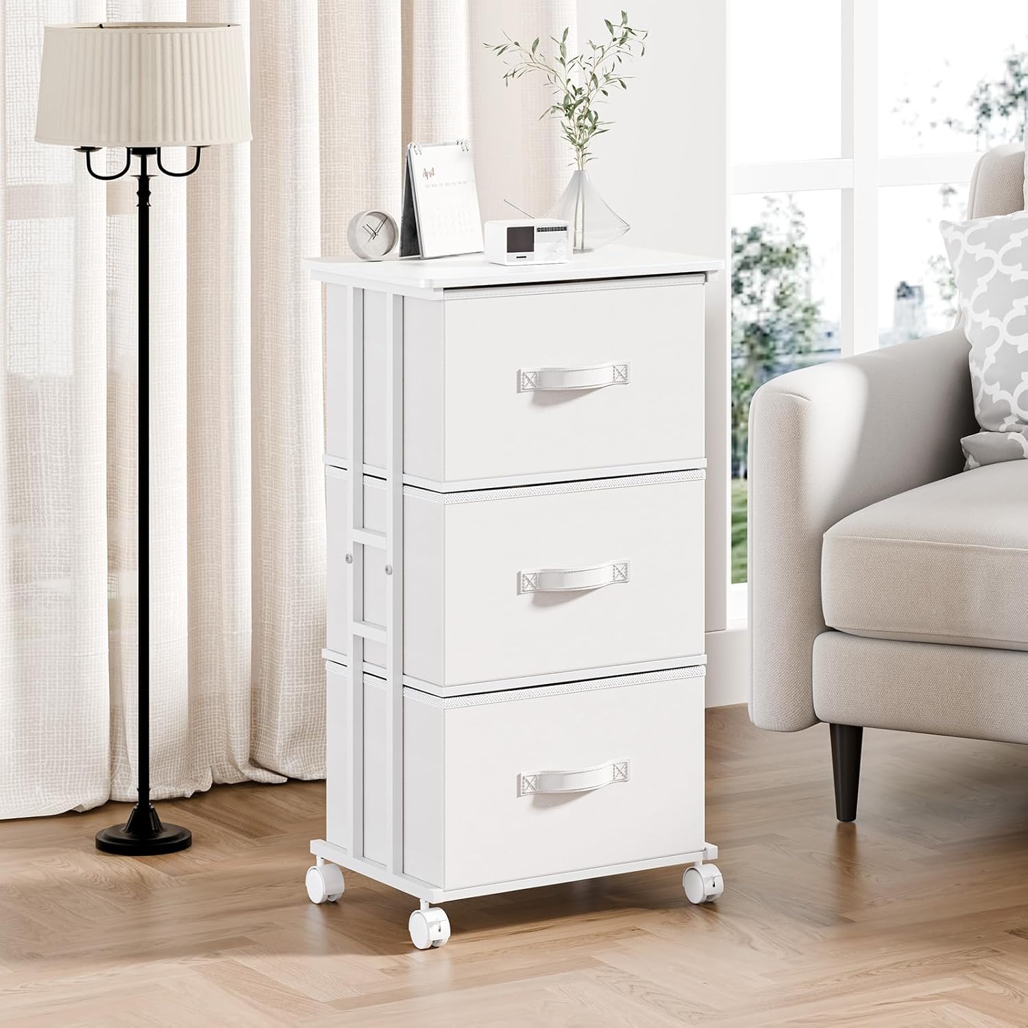 3 Drawer Fabric Dresser with Wheels, Storage Cabinet Organizer with Removable Drawers, Rolling Chest with Steel Frame for Bedroom, Closet, Living Room, Entryway, White