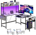 L Shaped Gaming Desk 67, Reversible Computer Desk with LED Lights, Corner Desk for Small Spaces with Keyboard Tray & Storage Shelf, Metal Frame PC Gaming Table for Home Office Bedroom, White