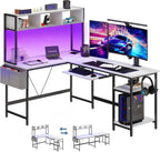 53?? Gaming Desk with USB Charging Ports & LED Lights, Reversible L Shaped Desks Computer Corner Gamer Table with Power Outlets Monitor Stand Storage Shelves for Home Office Small Space, White