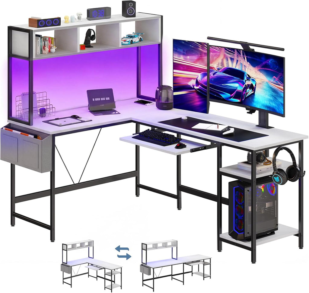 47?? Gaming Desk with USB Charging Ports & LED Lights, Reversible L Shaped Desks Computer Corner Gamer Table with Power Outlets Monitor Stand Storage Shelves for Home Office Small Space, White