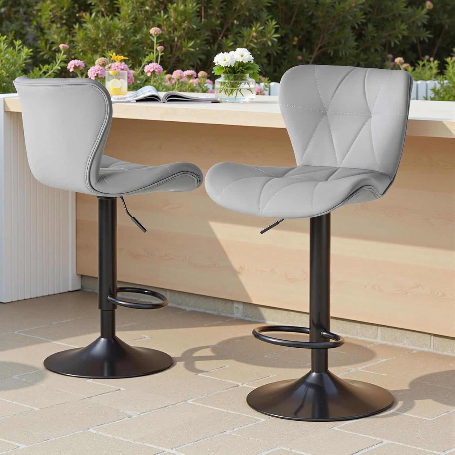 Modern Bar Stools Set of 4, Adjustable Faux Leather Upholstered Swivel Bar Stools, Counter Height Bar Chairs with Back for Kitchen Island, Grey