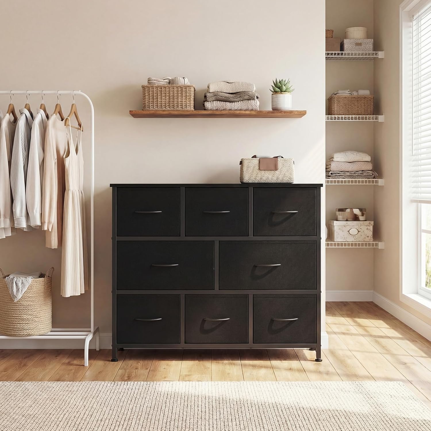 TV Stand, Dresser with 8 Fabric Drawers, Spacious Storage Tower for Closet, TV Stand with Wood Top and Mental Frame, Storage Unit for Living Rooms, Bedroom and Entryway, Black