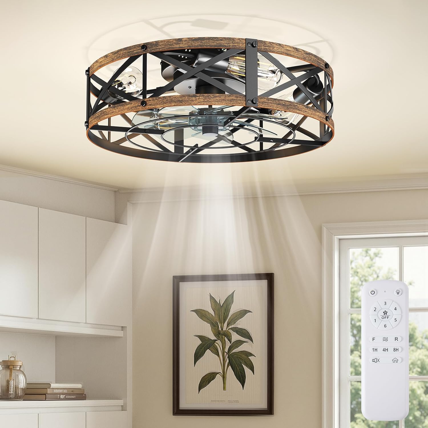 Ceiling Fans with Remote, Farmhouse Ceiling Fan, 22 Inch Low Profile Caged Fandelier, Flush Mount with 6 Wind Speeds, for Bedroom, Kitchen, Living Room, Bulbs Not Included, Black