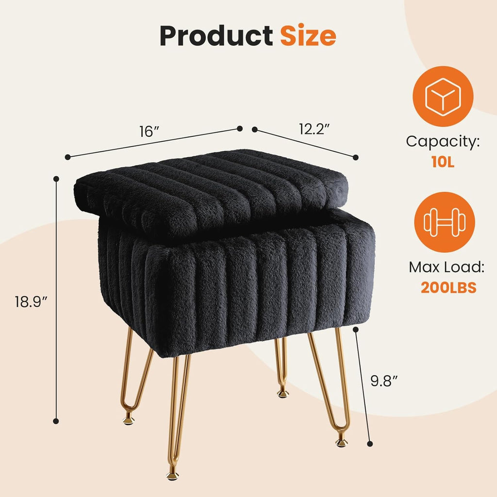 Vanity Stool Chair, Ottoman with Storage, Makeup Cute Soft Small Footstool, Modern Style Faux Fur Seat with 4 Metal Legs & Adjustable Feet for Dressing, Living Room, Bedroom, Dorm, Black
