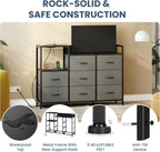 TV Stand Dresser with 8 Fabric Drawers & Open Shelves, TV Stand for Up to 45 inch TV with Wooden Top, Entertainment Center with Charging Station for Living Room, Hallway, Grey