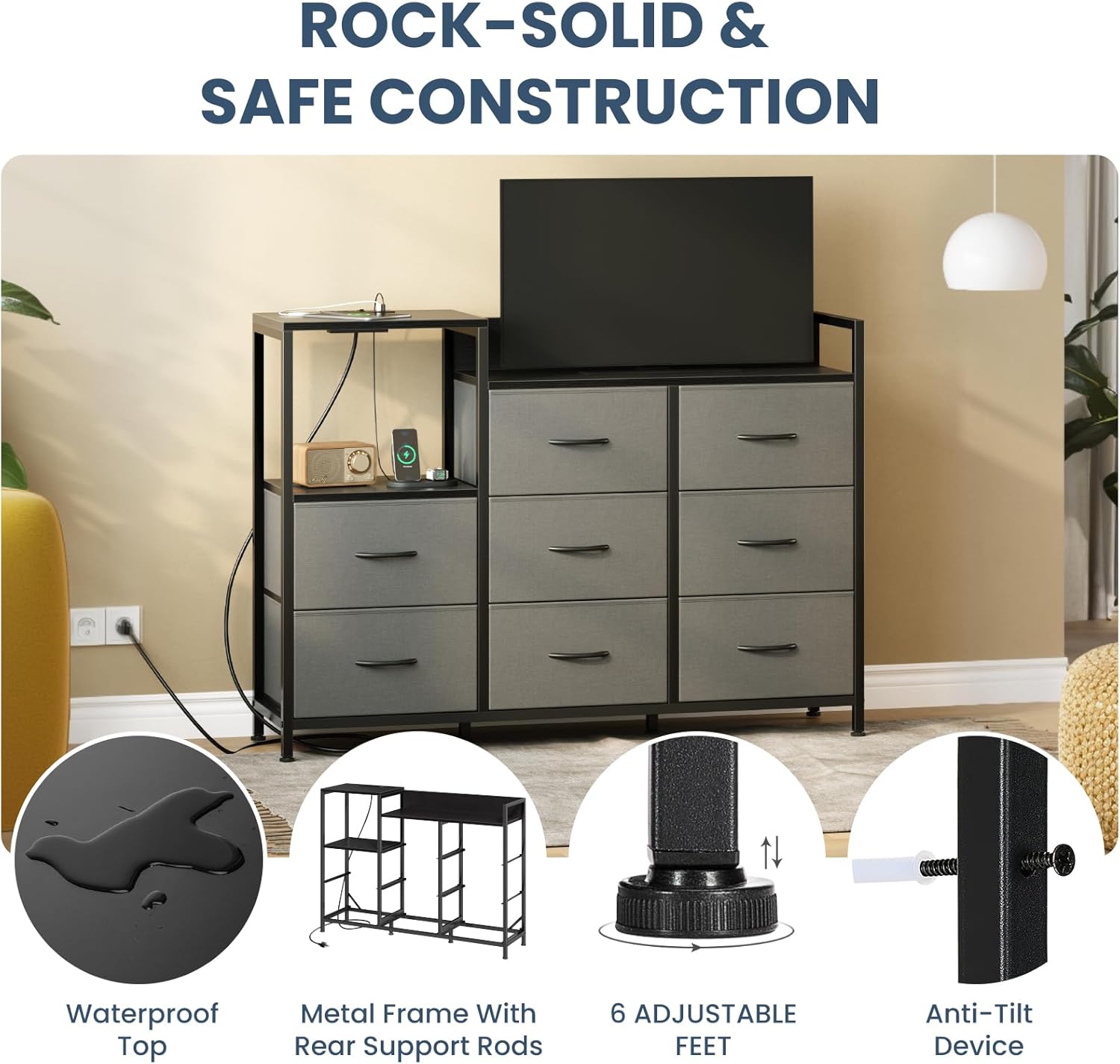TV Stand Dresser with 8 Fabric Drawers & Open Shelves, TV Stand for Up to 45 inch TV with Wooden Top, Entertainment Center with Charging Station for Living Room, Hallway, Grey