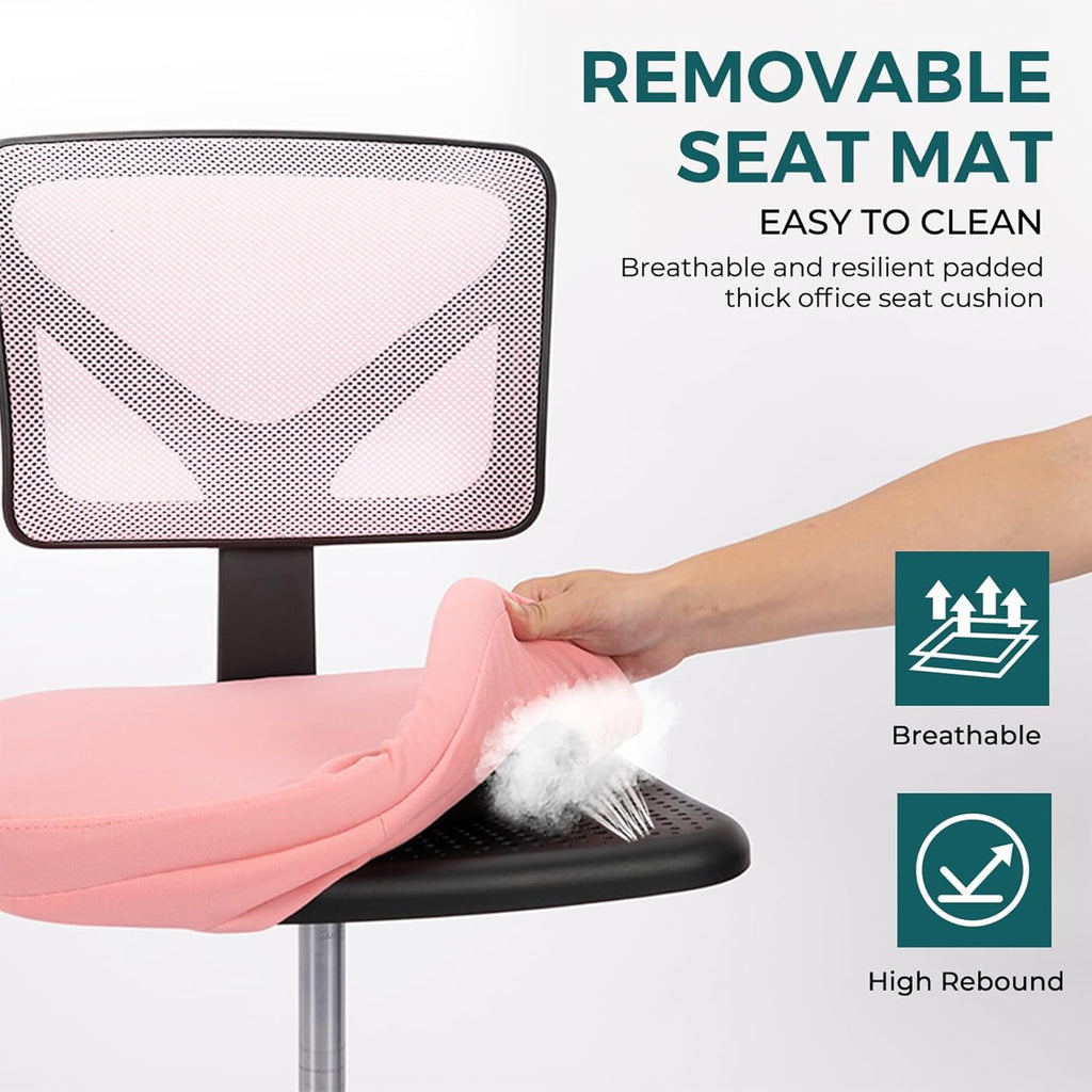 Small Office Chair Armless, Ergonomic Adjustable Home Office Swivel Rolling Task Chair No Arms, Comfy Mesh Mid Back Computer Work Vanity Desk Chiars with Wheels for Small Spaces, Hot Pink