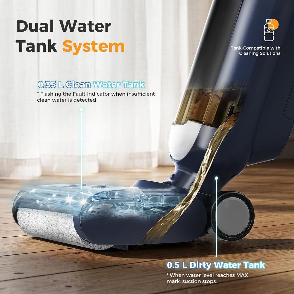 Wet Dry Vacuum Cleaner, Cordless All-in-One Vac Mops, Vacuum Mop with Self-Cleaning System, Dual Water Tank Design, Tangle-Free Brush, Dual-Edge Cleaning, 35-Min Runtime